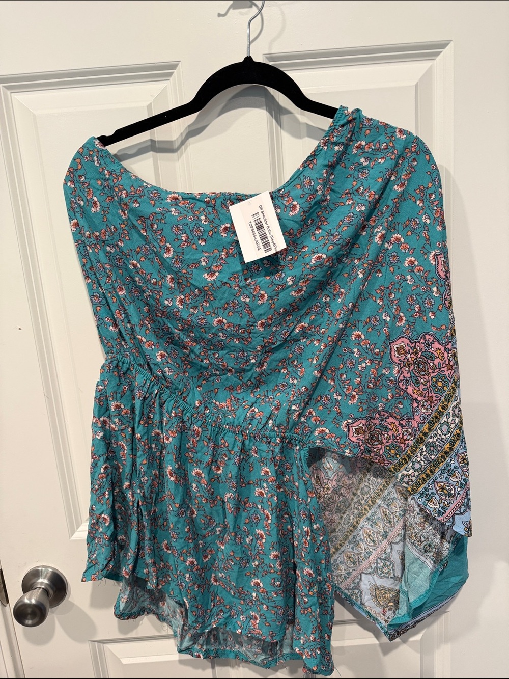 white birch Teal Floral Off-Shoulder Tunic with Border Print Panel